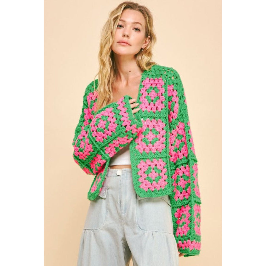 Davi & Dani Full Size Two Tone Flower Square Crochet Open Front Cardigan Apparel and Accessories