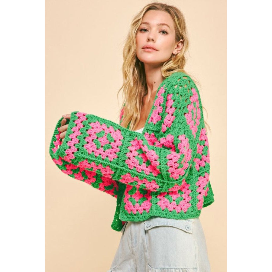 Davi & Dani Full Size Two Tone Flower Square Crochet Open Front Cardigan Apparel and Accessories