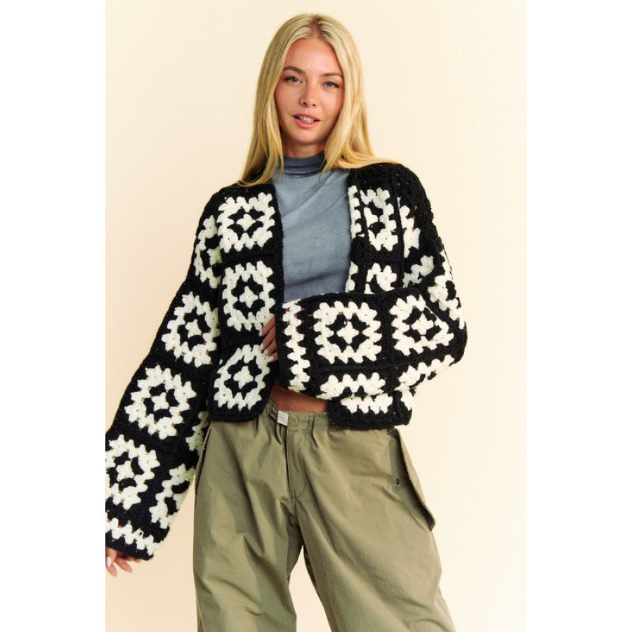 Davi & Dani Full Size Two Tone Flower Square Crochet Open Front Cardigan Apparel and Accessories