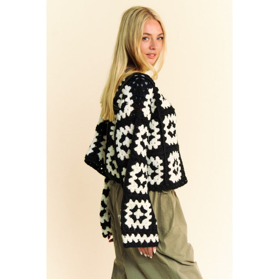 Davi & Dani Full Size Two Tone Flower Square Crochet Open Front Cardigan Apparel and Accessories
