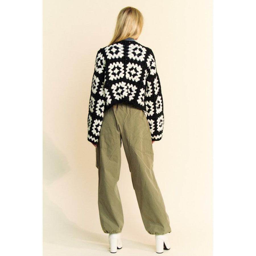 Davi & Dani Full Size Two Tone Flower Square Crochet Open Front Cardigan Apparel and Accessories