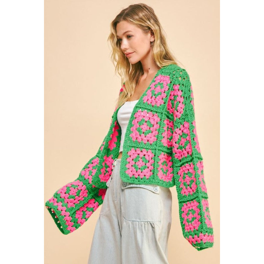 Davi & Dani Full Size Two Tone Flower Square Crochet Open Front Cardigan Apparel and Accessories