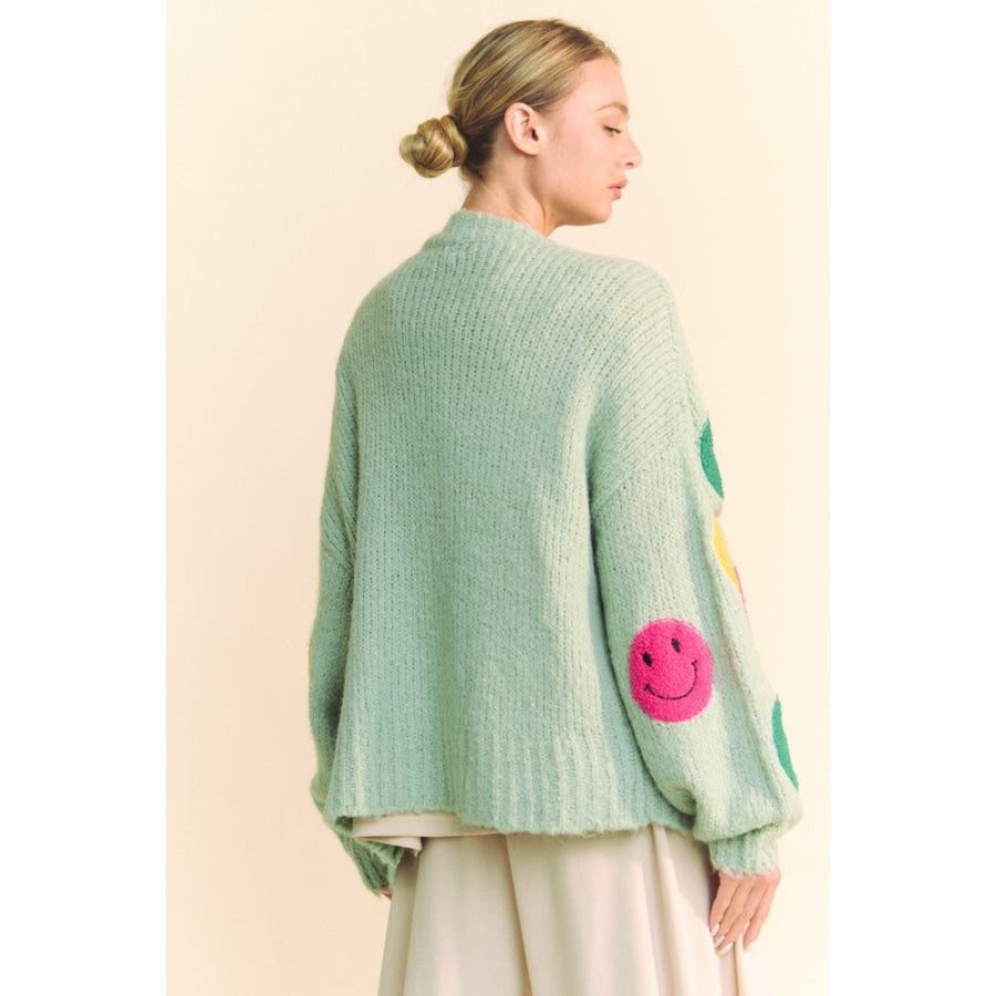 Davi & Dani Fuzzy Smile Open Front Long Sleeve Cardigan Apparel and Accessories