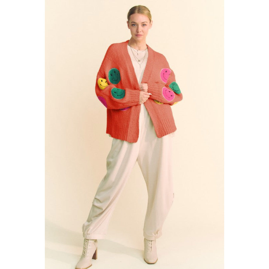 Davi & Dani Fuzzy Smile Open Front Long Sleeve Cardigan Apparel and Accessories