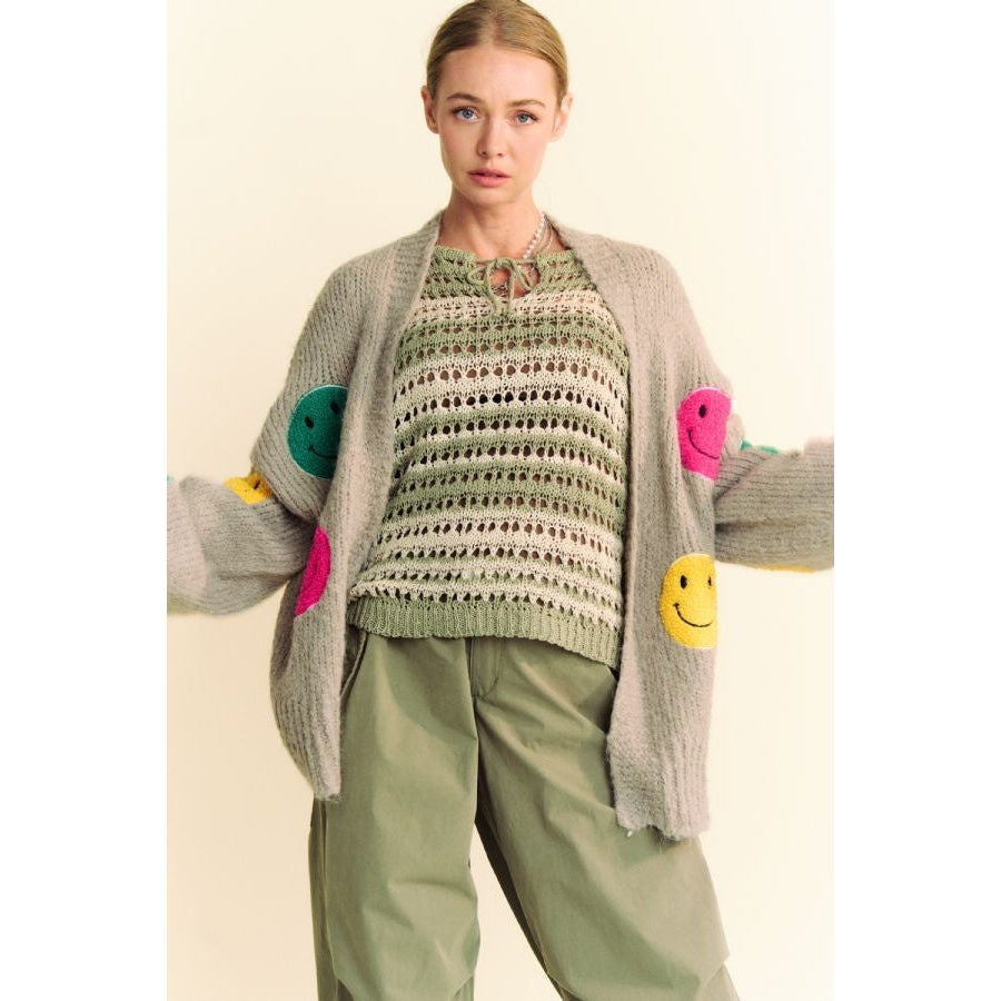 Davi & Dani Fuzzy Smile Open Front Long Sleeve Cardigan Apparel and Accessories