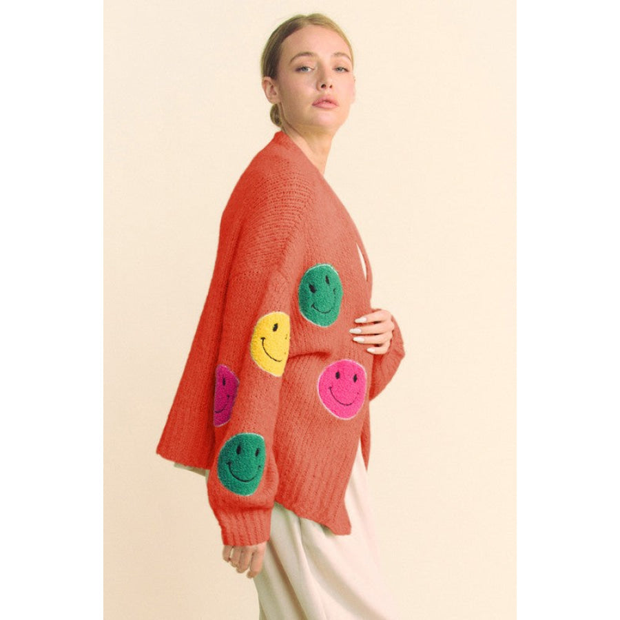 Davi & Dani Fuzzy Smile Open Front Long Sleeve Cardigan Apparel and Accessories