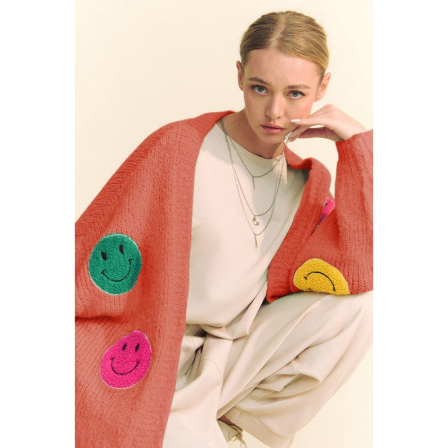 Davi & Dani Fuzzy Smile Open Front Long Sleeve Cardigan Apparel and Accessories