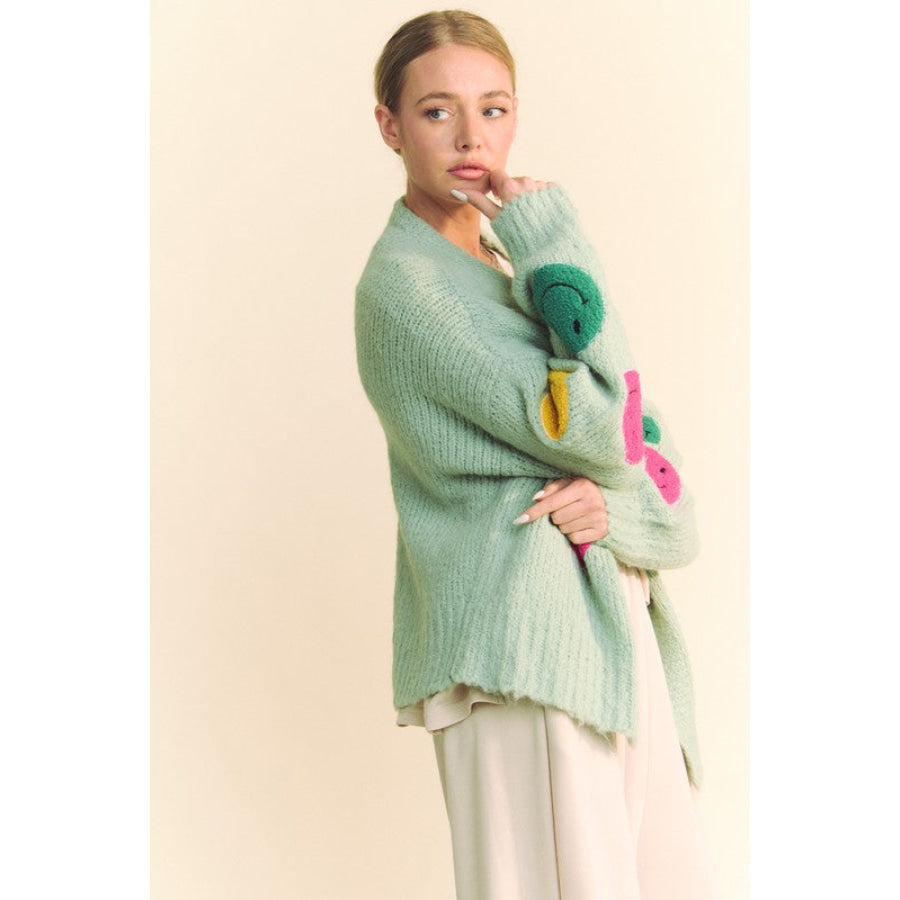 Davi & Dani Fuzzy Smile Open Front Long Sleeve Cardigan Apparel and Accessories