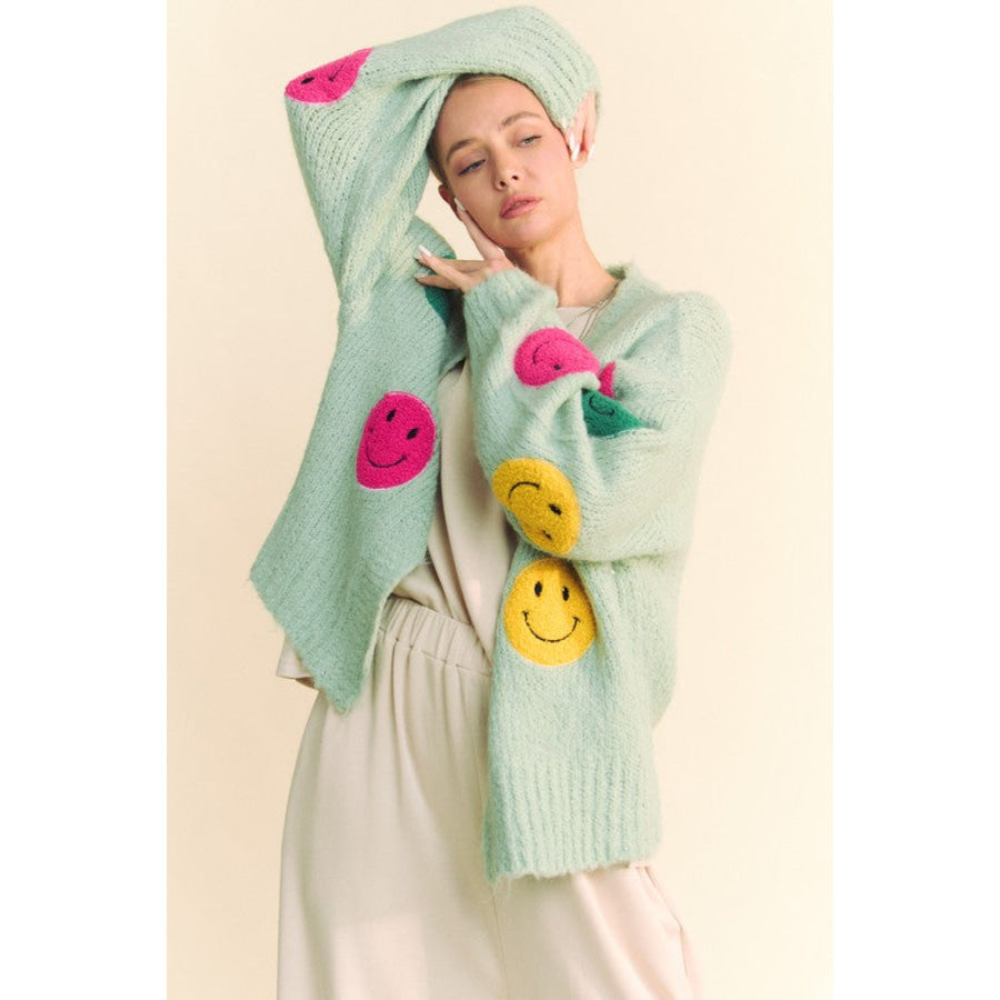 Davi & Dani Fuzzy Smile Open Front Long Sleeve Cardigan Apparel and Accessories