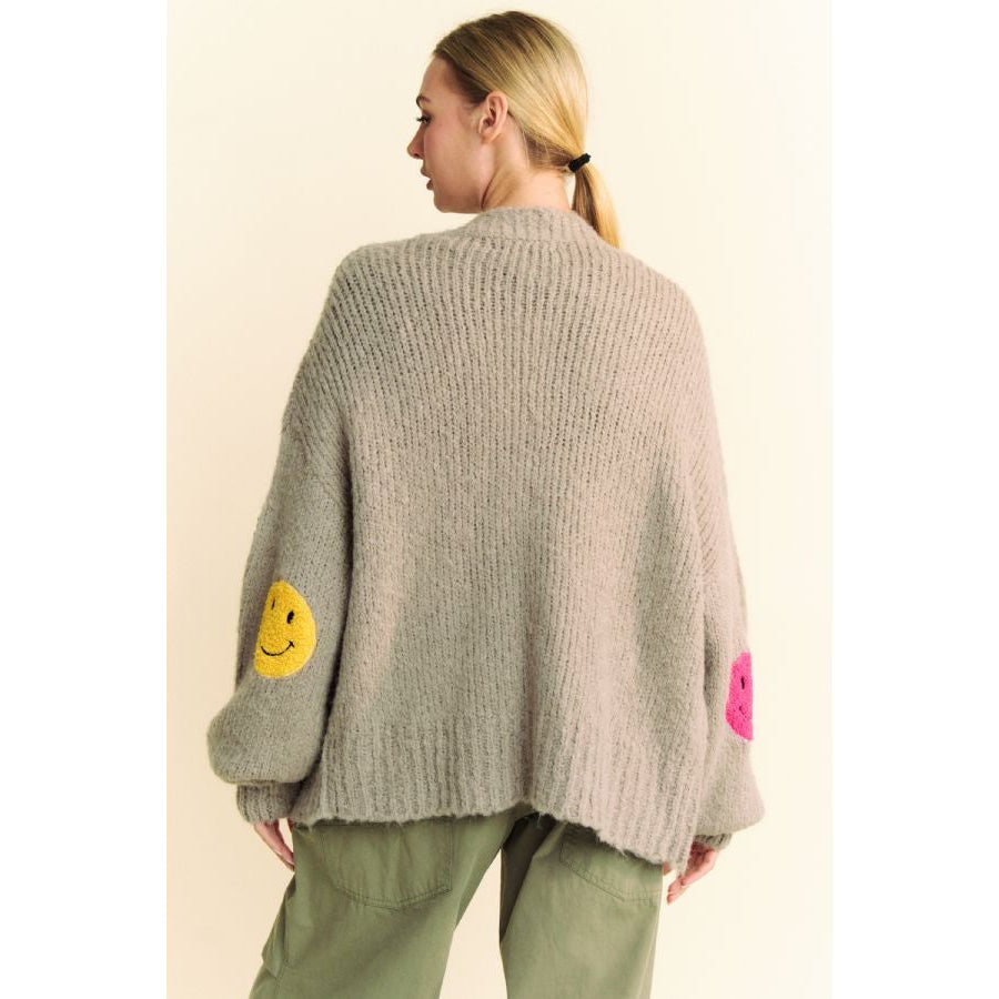 Davi & Dani Fuzzy Smile Open Front Long Sleeve Cardigan Apparel and Accessories