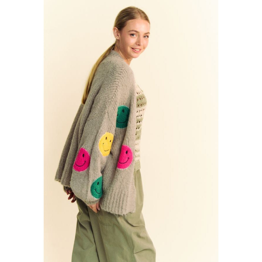 Davi & Dani Fuzzy Smile Open Front Long Sleeve Cardigan Apparel and Accessories