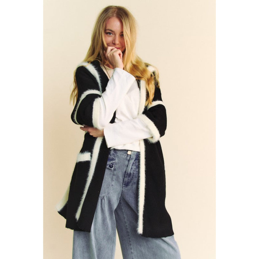 Davi & Dani Fuzzy Trim Open Front Loose Fit Cardigan Apparel and Accessories