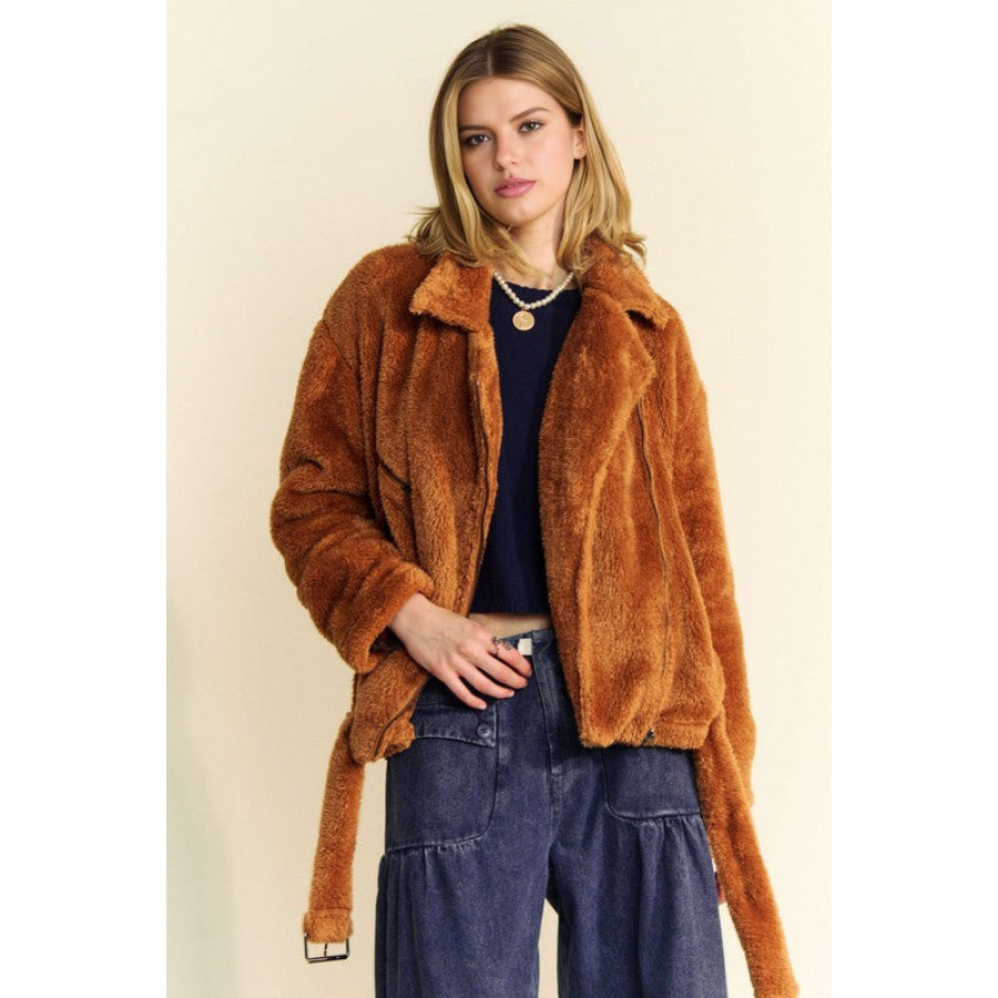 Davi & Dani Fuzzy Zip Up Collared Neck Jacket Apparel and Accessories