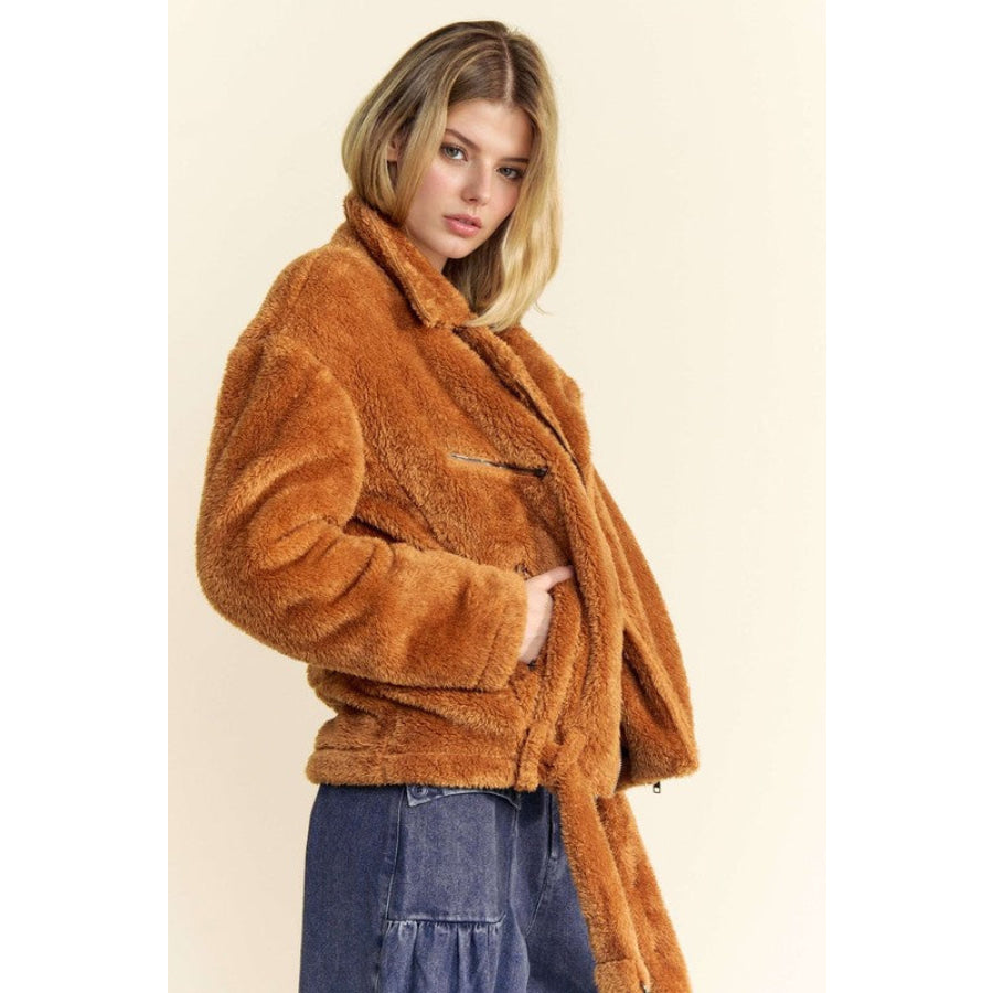 Davi & Dani Fuzzy Zip Up Collared Neck Jacket Apparel and Accessories