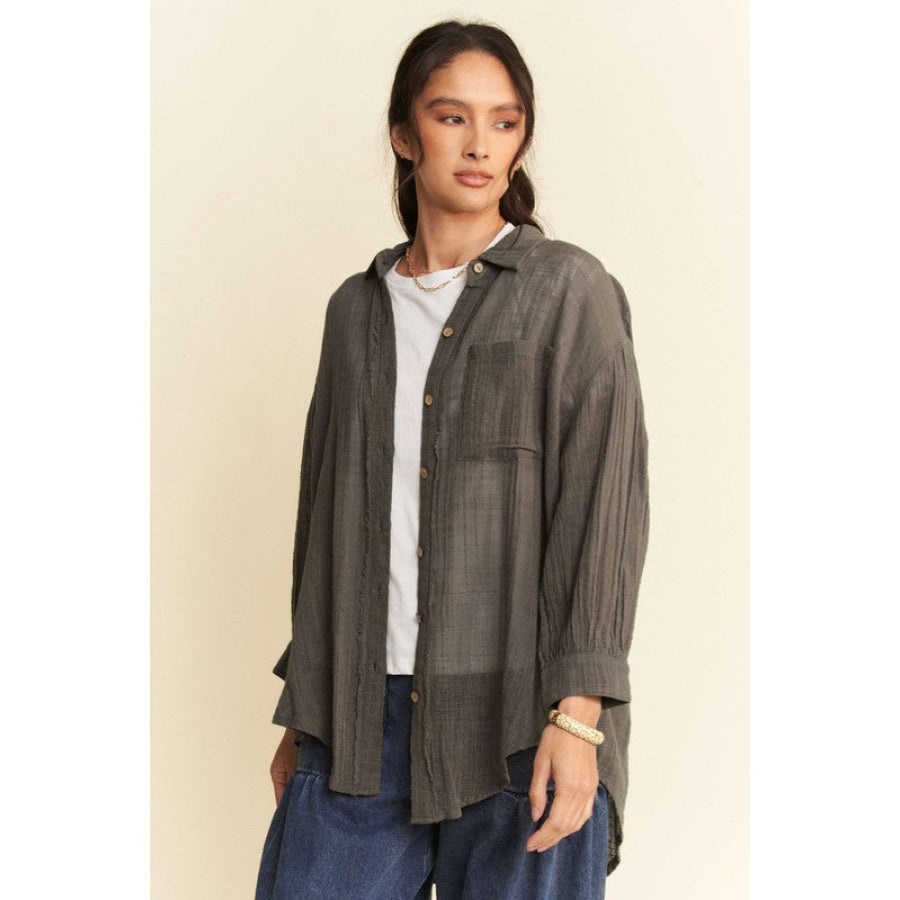 Davi & Dani High-Low Chest Pocket Button Up Shirt CHARCOAL / S Apparel and Accessories