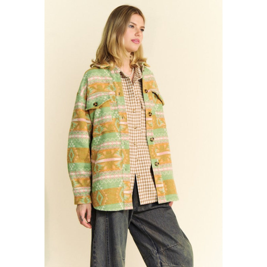 Davi & Dani High-Low Geometric Long Sleeve Shacket with Pockets Apparel and Accessories