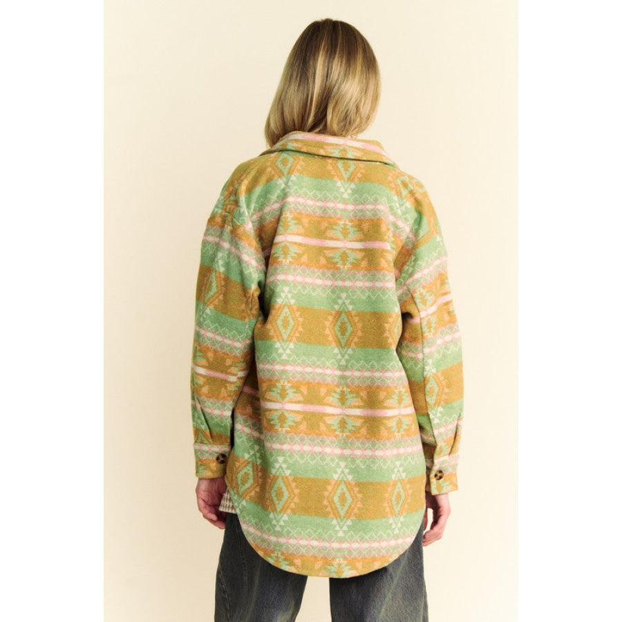 Davi & Dani High-Low Geometric Long Sleeve Shacket with Pockets Apparel and Accessories