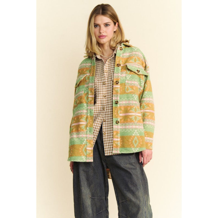 Davi & Dani High-Low Geometric Long Sleeve Shacket with Pockets Apparel and Accessories