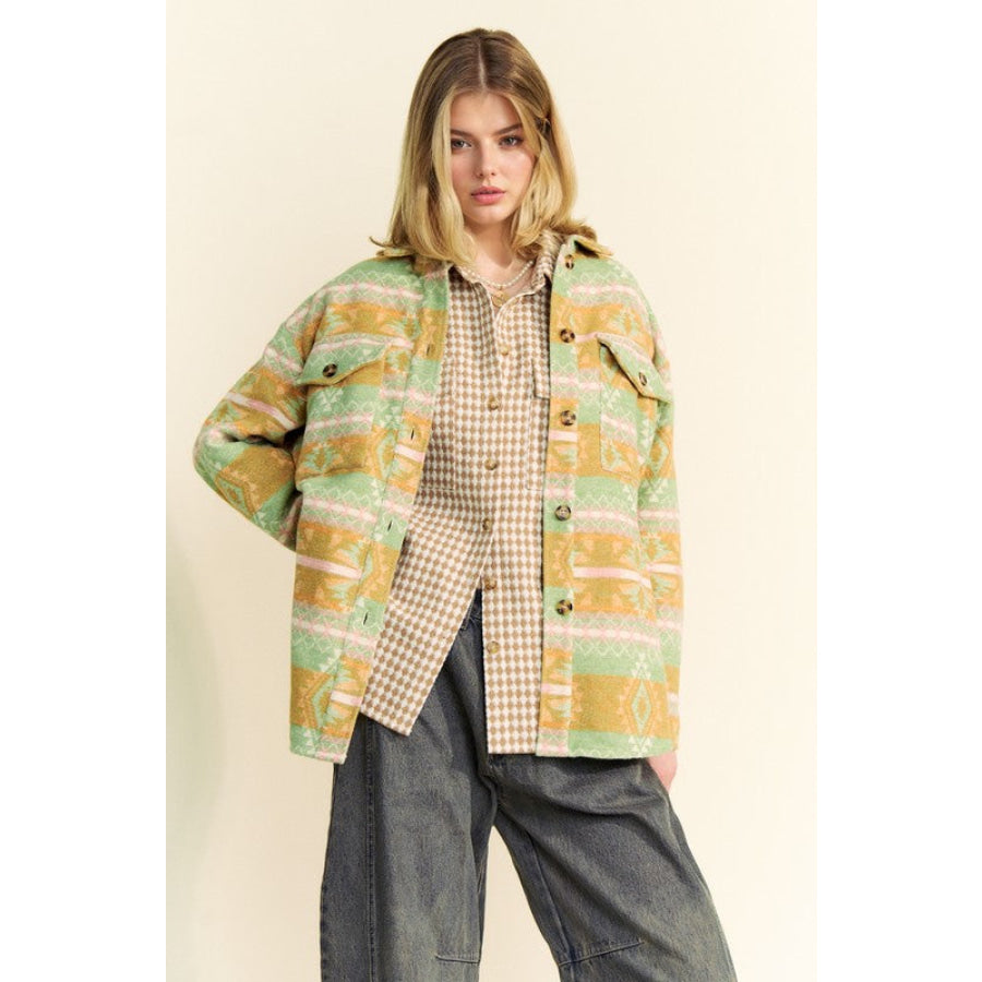 Davi & Dani High-Low Geometric Long Sleeve Shacket with Pockets Gum Leaf / S Apparel and Accessories