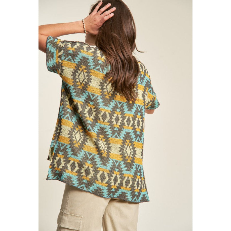 Davi & Dani High-Low Geometric Round Neck Knit Top SEAFOAM/YELLOW / S Apparel and Accessories