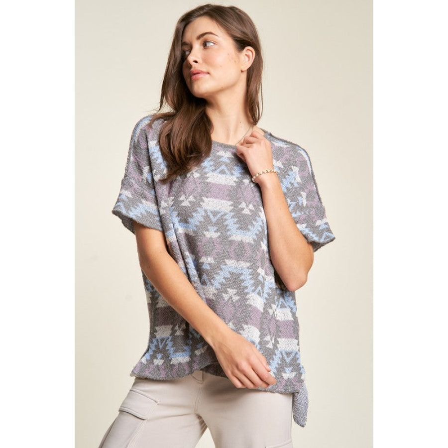 Davi & Dani High-Low Geometric Round Neck Knit Top Apparel and Accessories