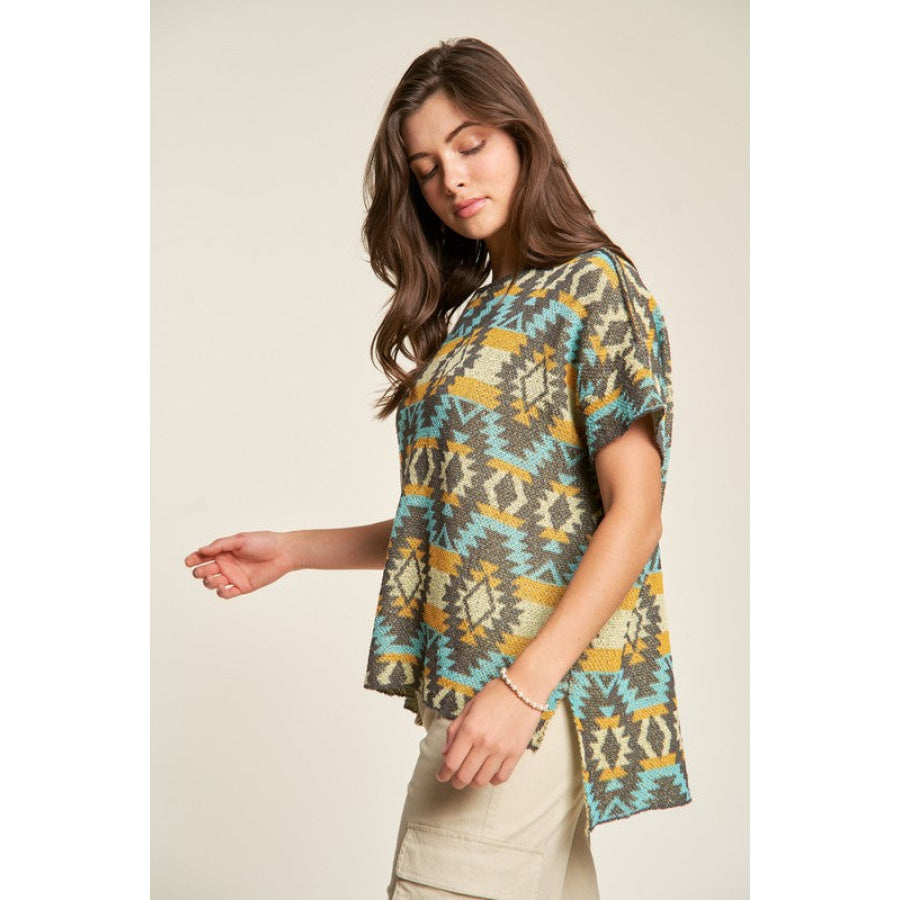 Davi & Dani High-Low Geometric Round Neck Knit Top Apparel and Accessories