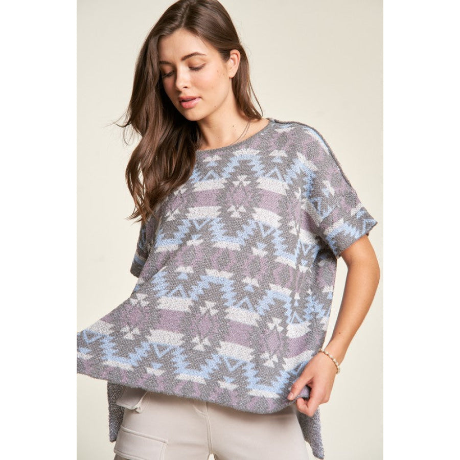 Davi & Dani High-Low Geometric Round Neck Knit Top Apparel and Accessories