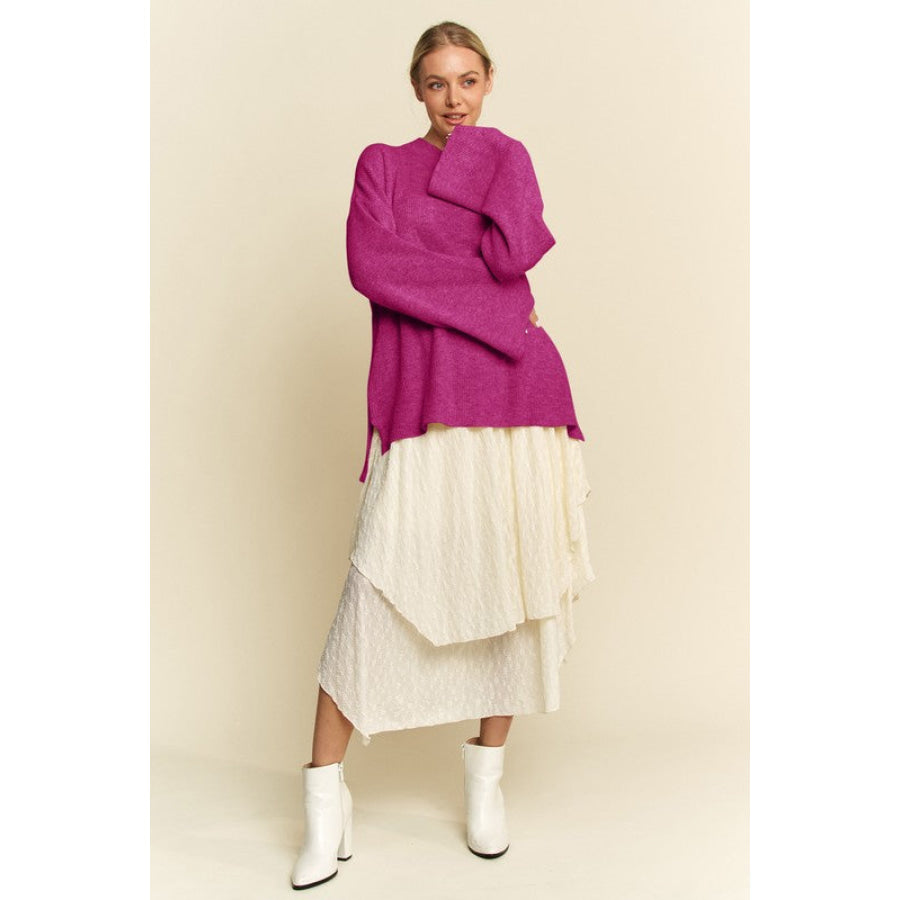 Davi & Dani High-Low Round Neck Drop Shoulder Sweater Apparel and Accessories