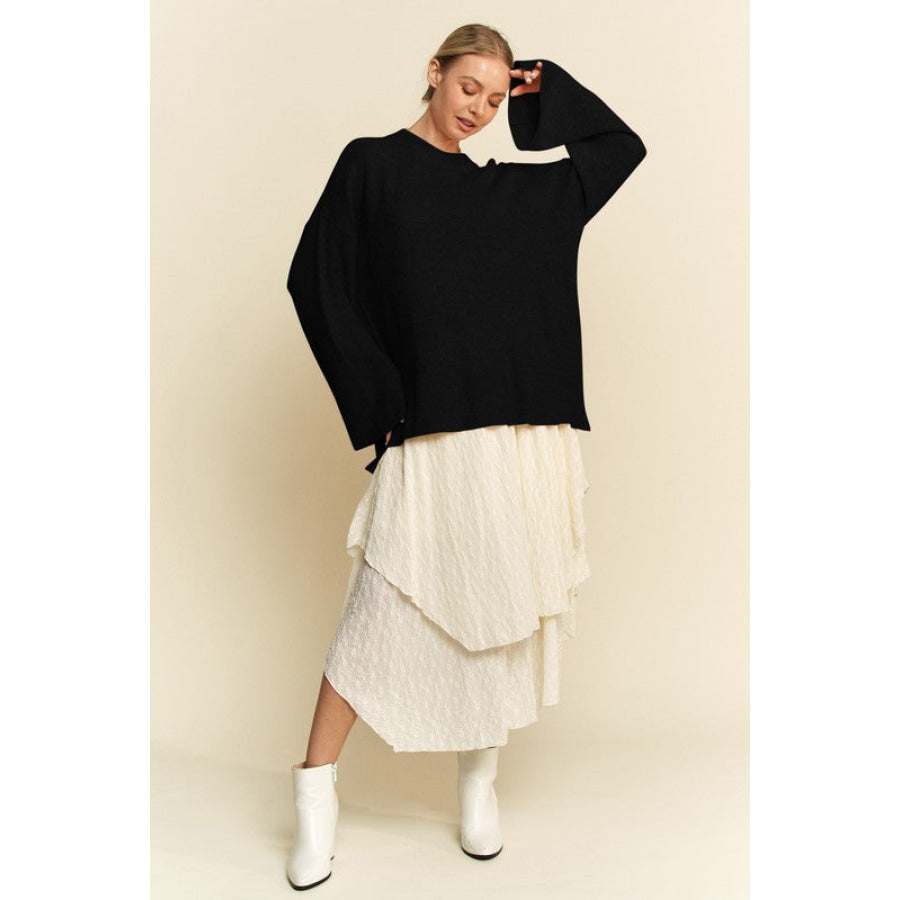 Davi & Dani High-Low Round Neck Drop Shoulder Sweater Apparel and Accessories