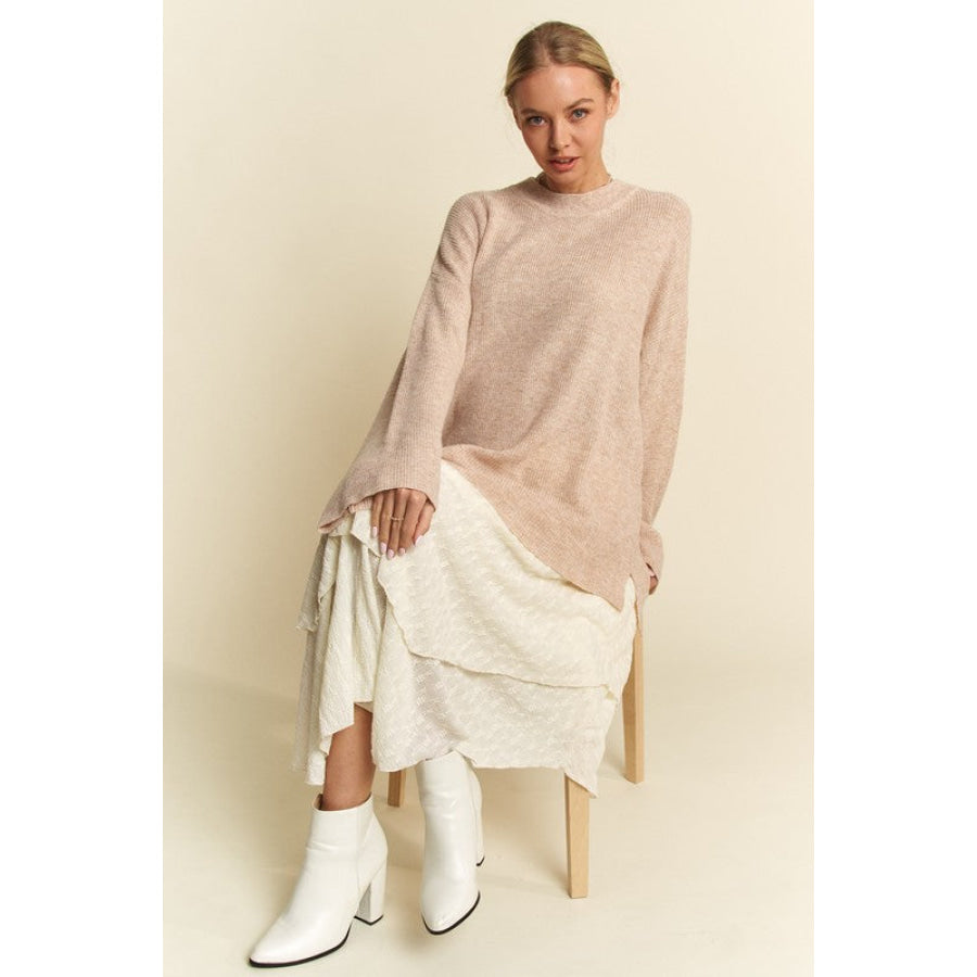 Davi & Dani High-Low Round Neck Drop Shoulder Sweater Apparel and Accessories