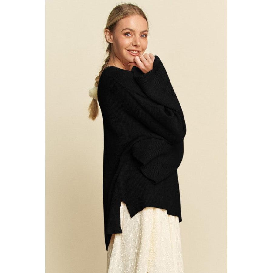 Davi & Dani High-Low Round Neck Drop Shoulder Sweater Apparel and Accessories