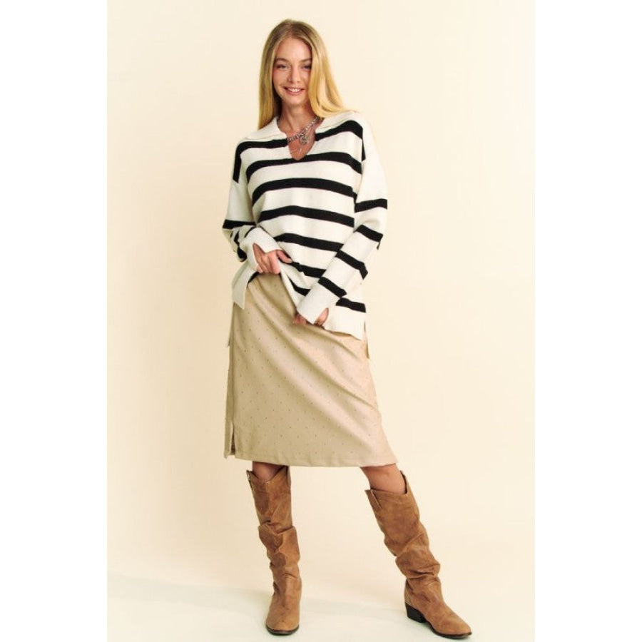 Davi & Dani High-Low Side Slit Striped Johnny Collar Sweater Apparel and Accessories