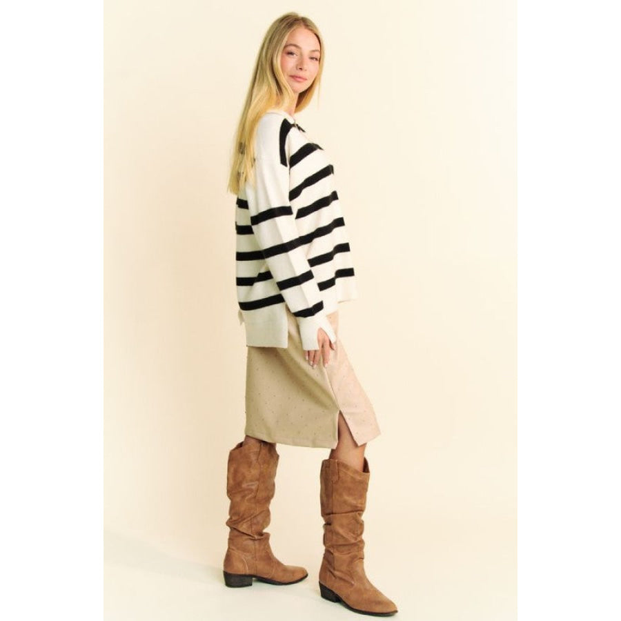 Davi & Dani High-Low Side Slit Striped Johnny Collar Sweater Apparel and Accessories