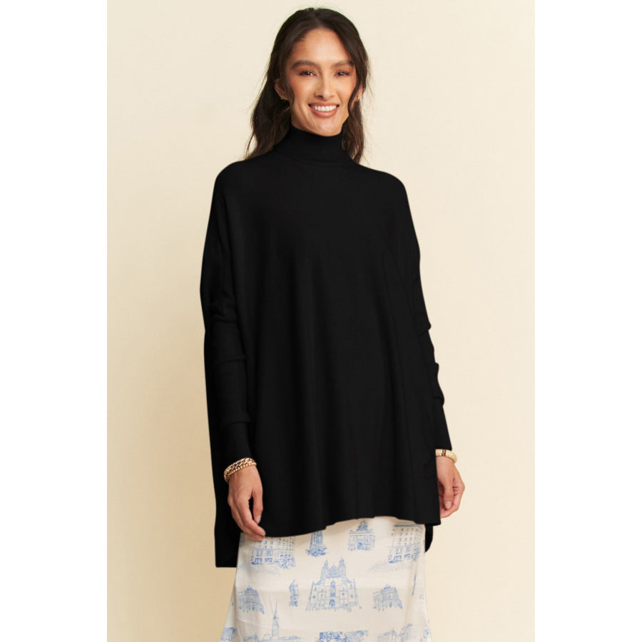 Davi & Dani High-Low Turtleneck Long Sleeve Knit Top Black / S Apparel and Accessories