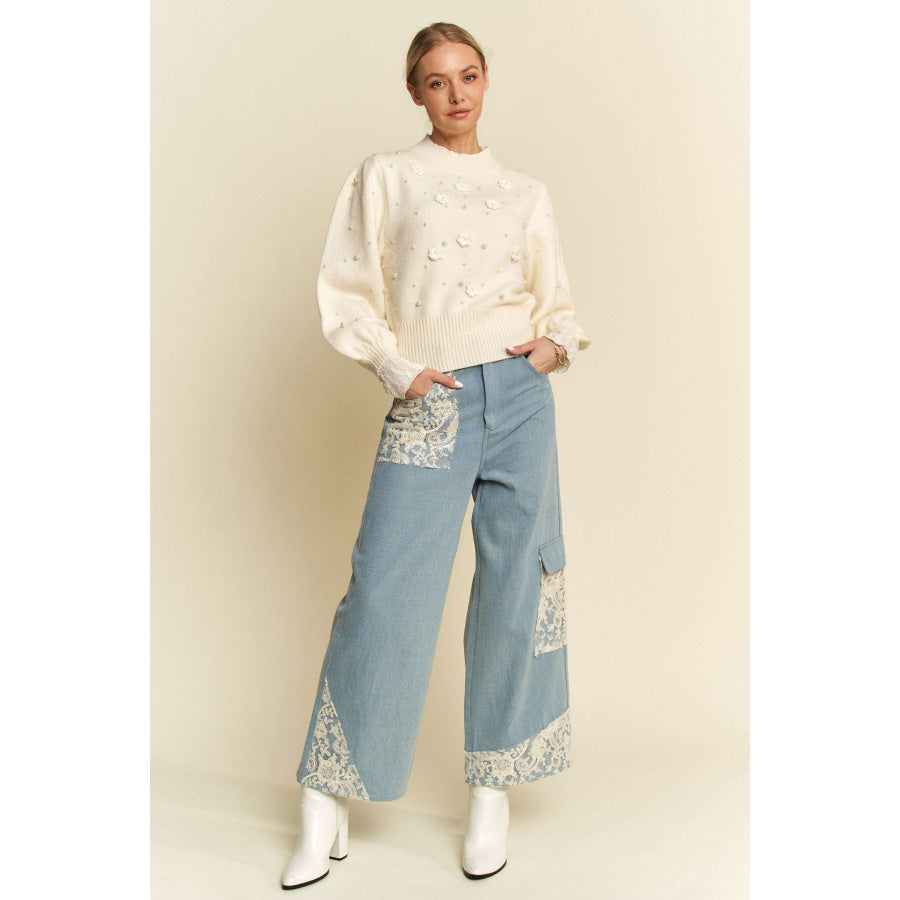 Davi & Dani Lace Applique Wide Leg Jeans Apparel and Accessories
