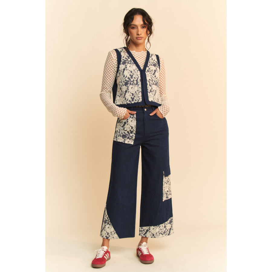 Davi & Dani Lace Applique Wide Leg Jeans Apparel and Accessories