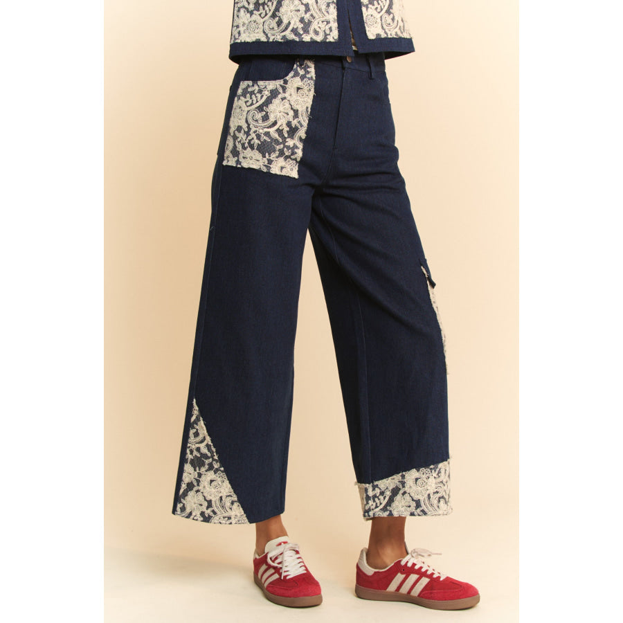 Davi & Dani Lace Applique Wide Leg Jeans Apparel and Accessories