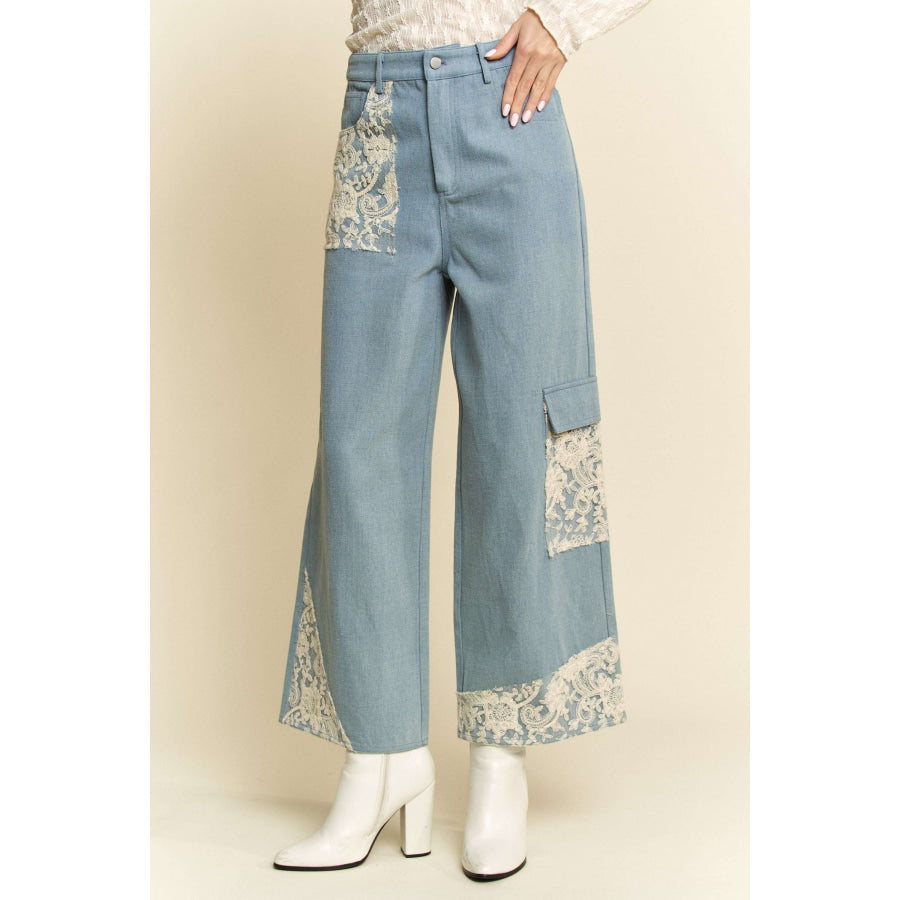 Davi & Dani Lace Applique Wide Leg Jeans Apparel and Accessories