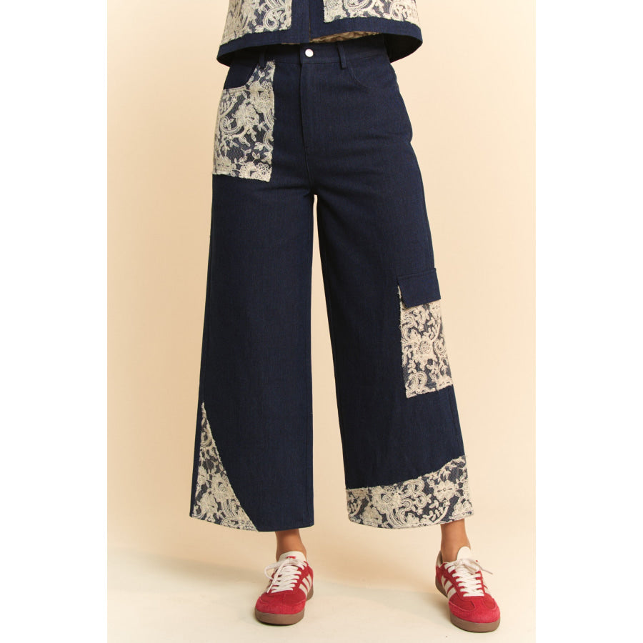 Davi & Dani Lace Applique Wide Leg Jeans Apparel and Accessories