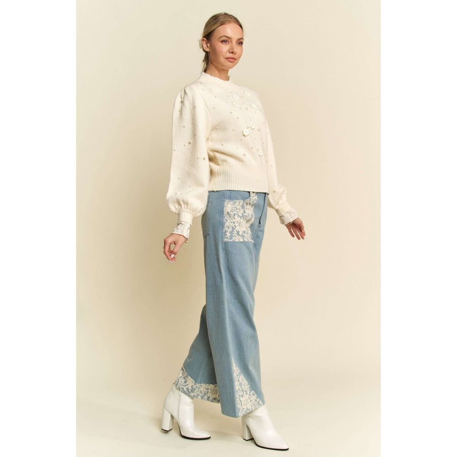Davi & Dani Lace Applique Wide Leg Jeans Apparel and Accessories