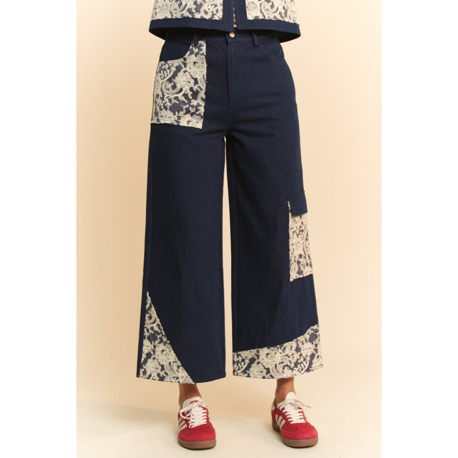 Davi & Dani Lace Applique Wide Leg Jeans Apparel and Accessories