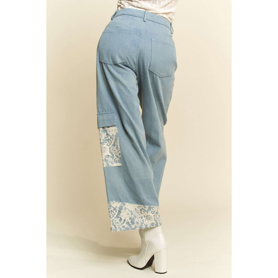 Davi & Dani Lace Applique Wide Leg Jeans Apparel and Accessories
