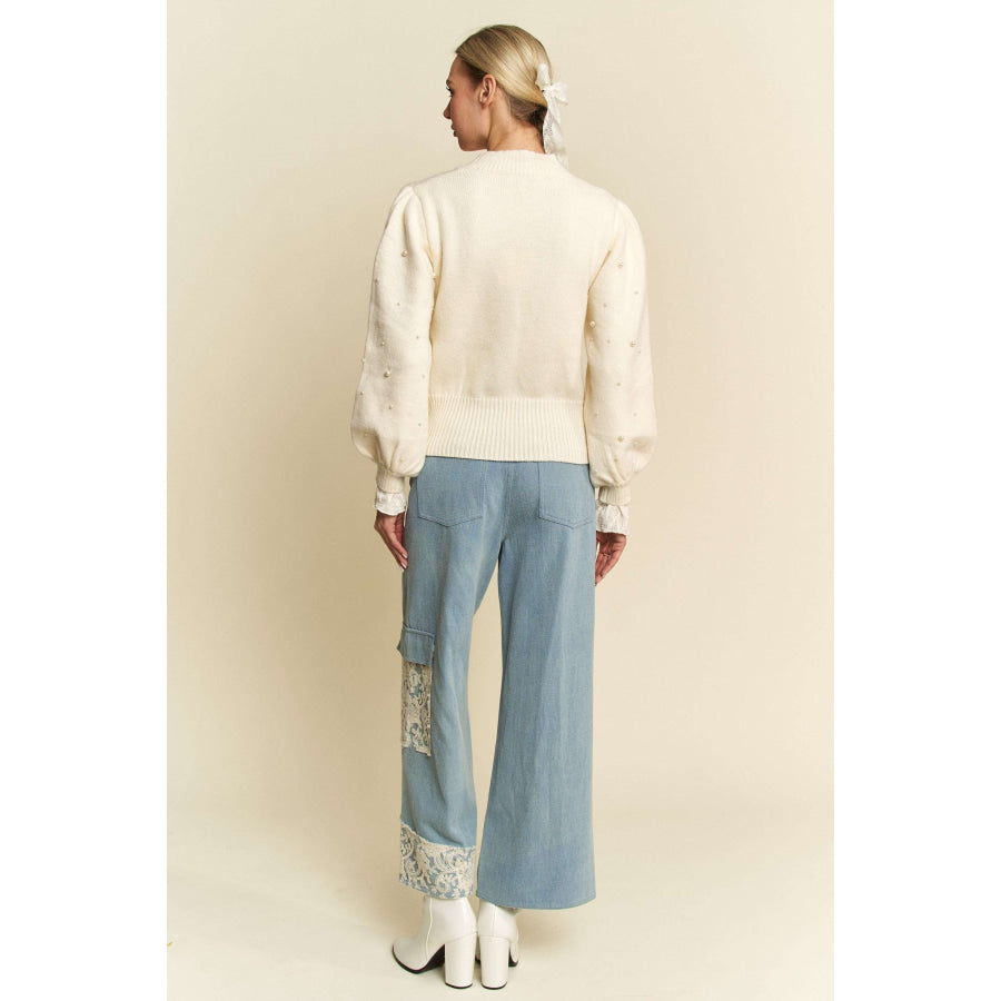 Davi & Dani Lace Applique Wide Leg Jeans Apparel and Accessories