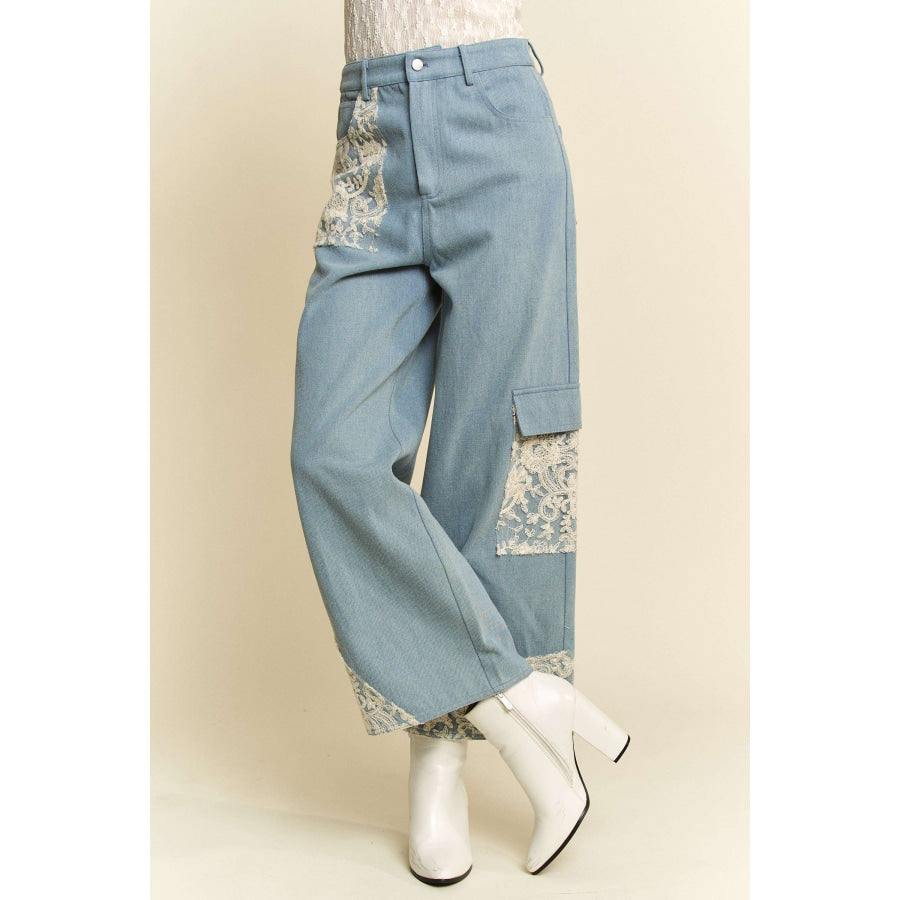 Davi & Dani Lace Applique Wide Leg Jeans Apparel and Accessories