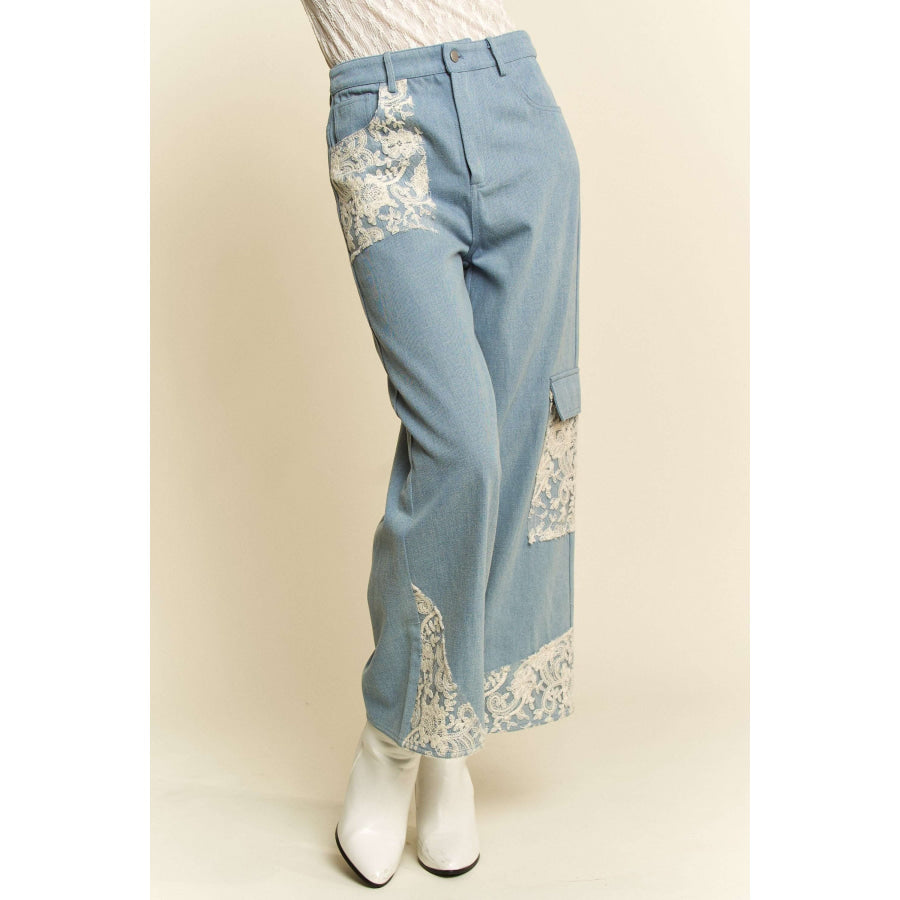 Davi & Dani Lace Applique Wide Leg Jeans Apparel and Accessories