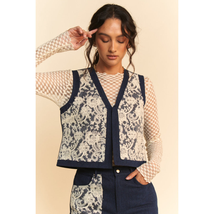 Davi & Dani Lace Patch Open Front Denim Vest Apparel and Accessories