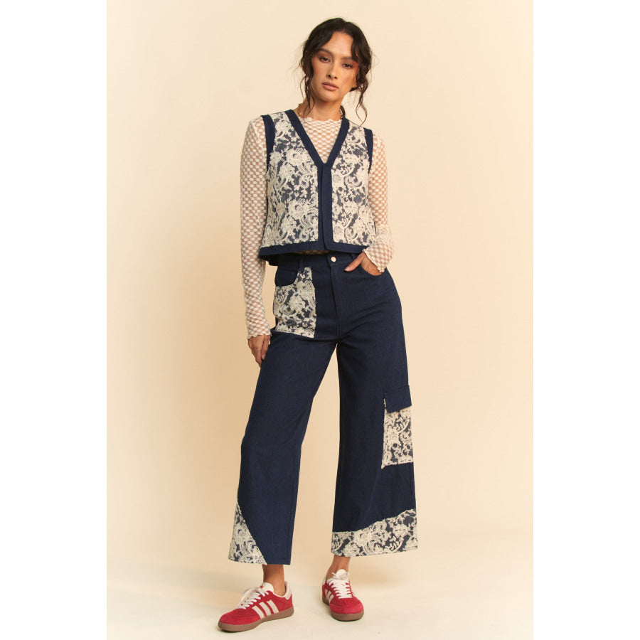 Davi & Dani Lace Patch Open Front Denim Vest Apparel and Accessories