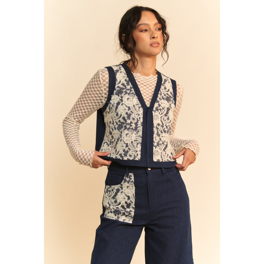 Davi & Dani Lace Patch Open Front Denim Vest Apparel and Accessories