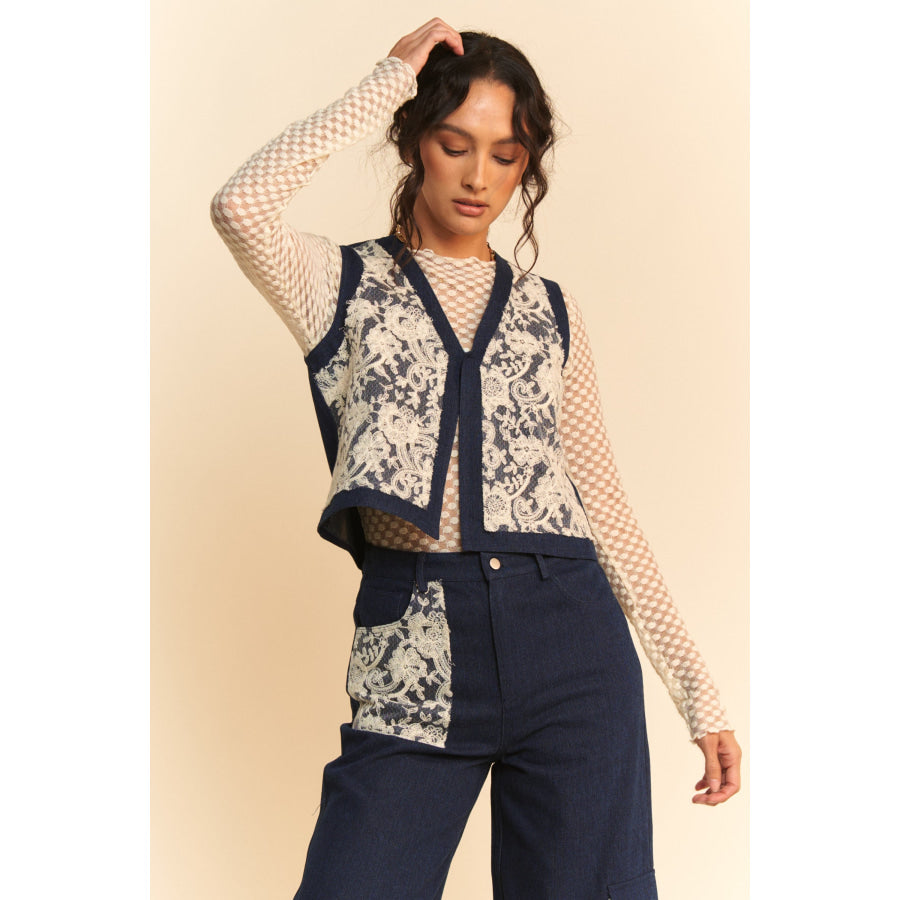 Davi & Dani Lace Patch Open Front Denim Vest Apparel and Accessories