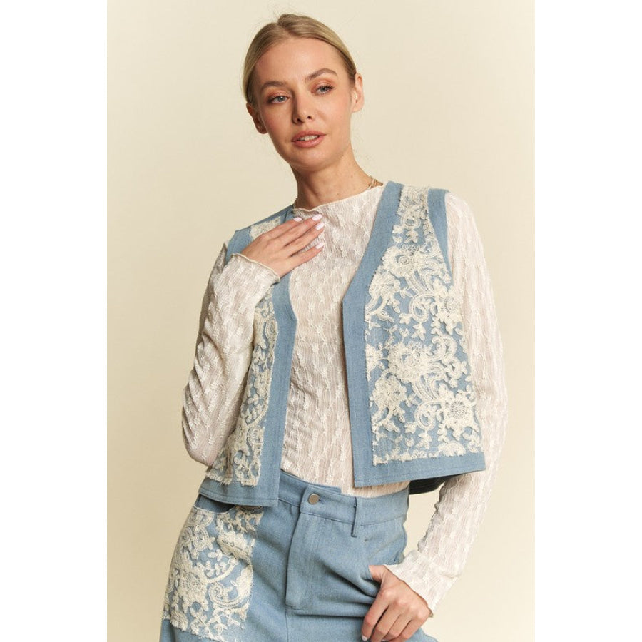 Davi & Dani Lace Patch Open Front Denim Vest Apparel and Accessories